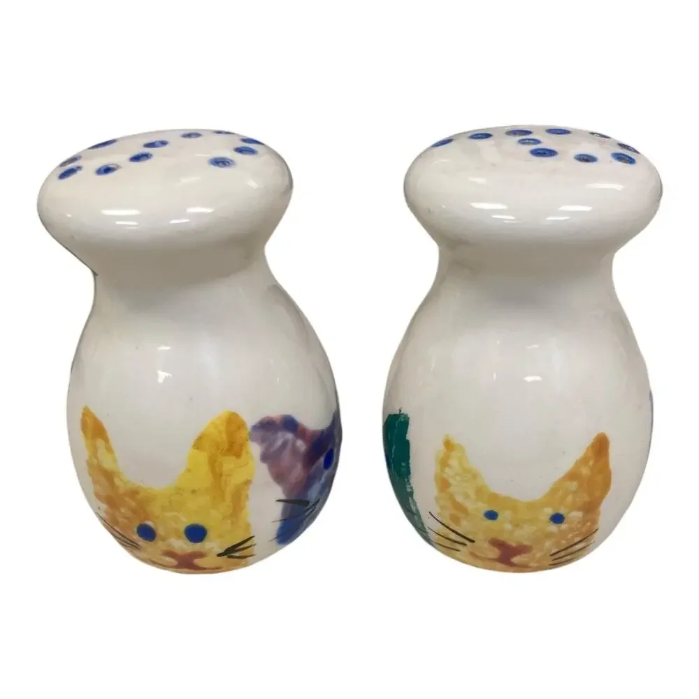Cat Faces Hand Painted Salt & Pepper Set Mexico‎ 3.5